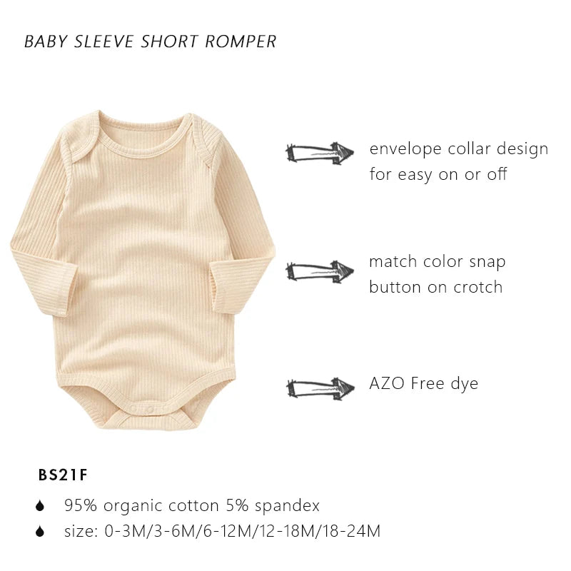 Manufacturer Super Soft Sleeve Baby Rompers Solid Ribbed Organic Cotton Sleeve Baby Romper Clothes